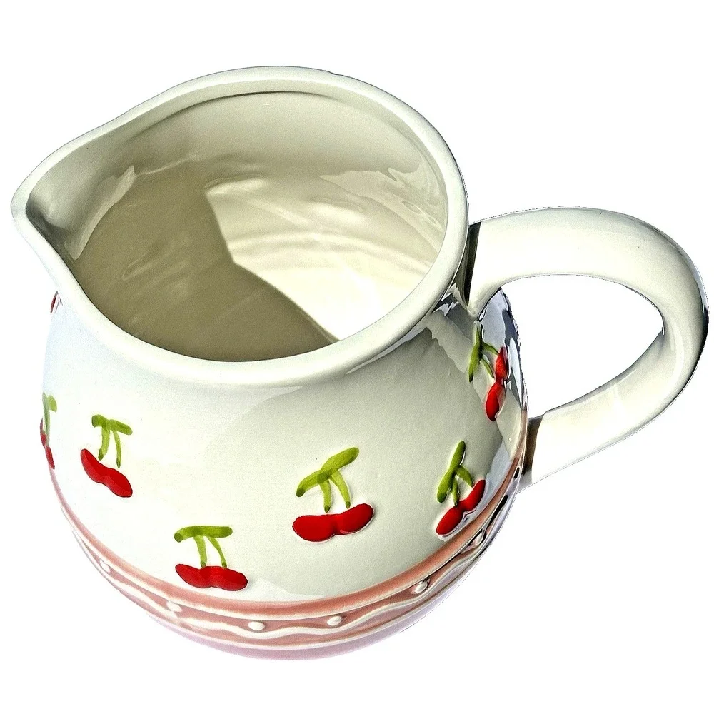 Cherry Ceramic Pitcher Pink White Milk Jug Cottagecore Coquette Kitchen Decor